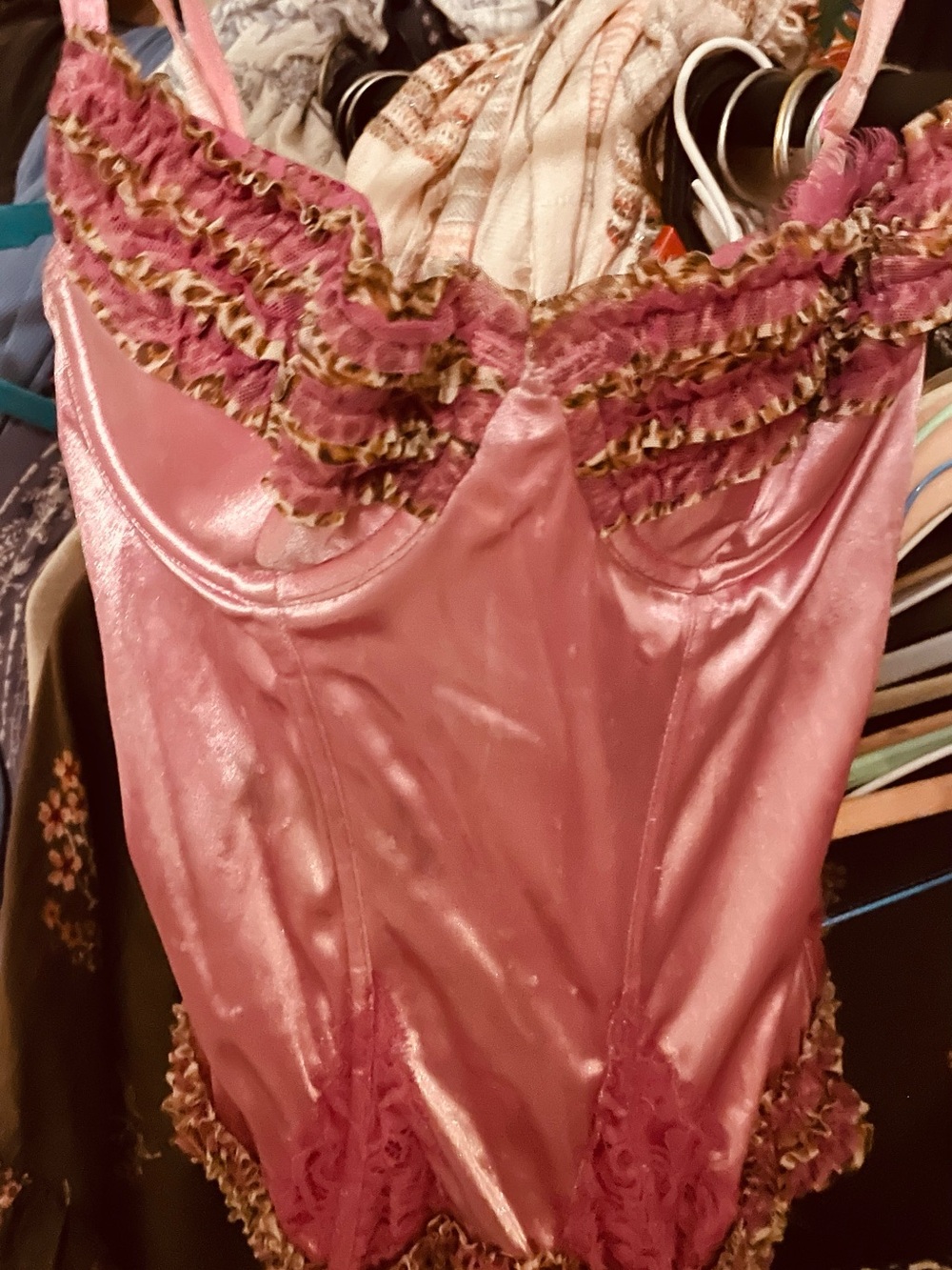 Jezebel Pink Satin Ruffled Bustier Chemise
